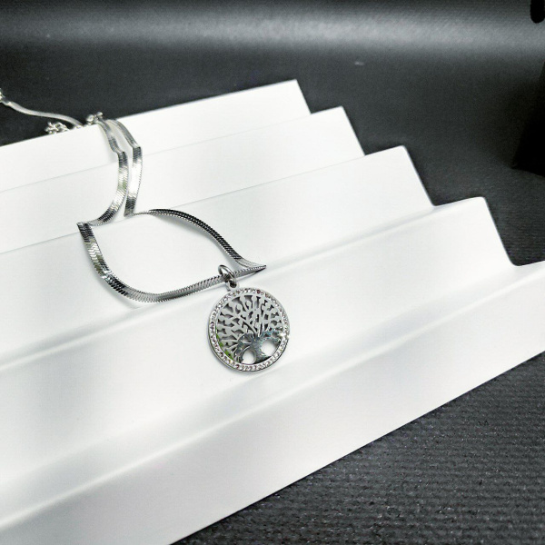 Подвеска "Дерево жизни" / Кулон 2,5 см. на цепочке Snake под серебро / Украшение женское на шею в обрамлении камней